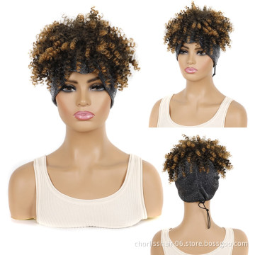 Ombre Short Black Blond Kinky Curly Fluffy Turban Wigs Wrap Heat Resistant Afro Synthetic Headband Attached Wigs For Black Women